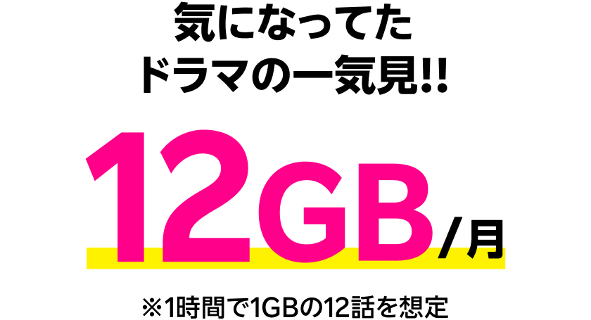 気になってたドラマの一気見！ 12GB/月※1時間で1GBの12話を想定