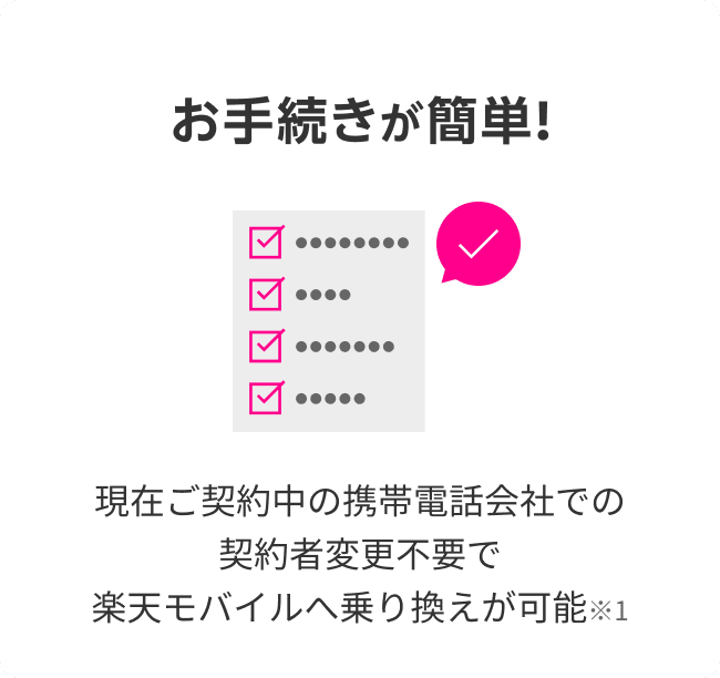 お手続きが簡単！現在ご契約中の携帯会社での契約者変更不要で楽天モバイルへ乗り換えが可能