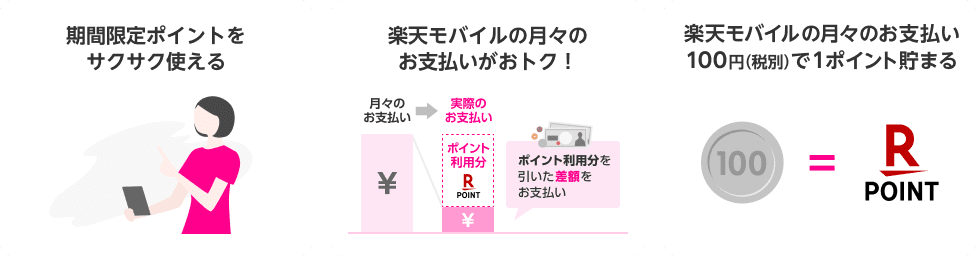 期間限定ポイントをサクサク使える 楽天モバイルの月々のお支払いがおトク！ 楽天モバイルの月々のお支払い100円（税別）で1ポイント貯まる