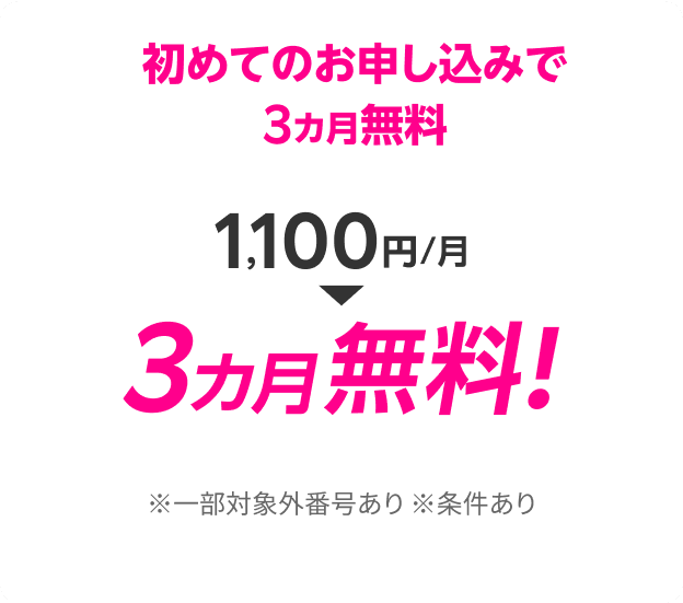 初めてのお申し込みで3カ月無料 1,100円/月→3ヵ月無料! ※一部対象外番号あり ※条件あり