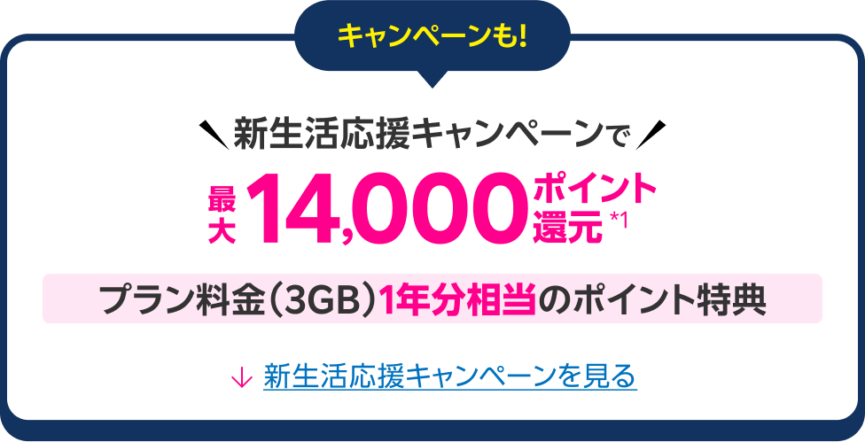 キャンペーンも新生活応援キャンペーンで最大14,000ポイント還元プラン料金（3GB／月）1年分相当のポイント特典