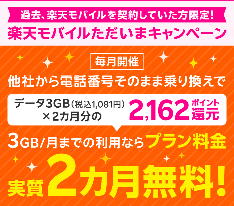 過去、楽天モバイルを契約していた方限定！ 楽天モバイルただいまキャンペーン 毎月開催 他社から電話番号そのまま乗り換えで データ3GB（税込1,081円）×2カ月分の2,162ポイント還元 3GB/月までの利用ならプラン料金実質2カ月無料！