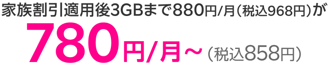 家族割引適用後3GBまで880円/月（税込968円）が780円/月~（税込858円）