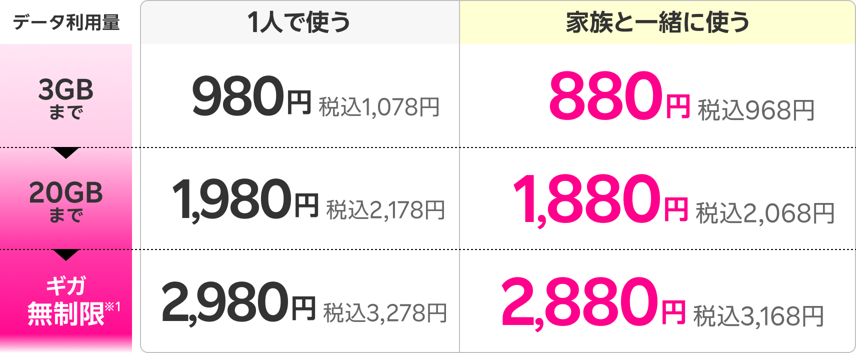 家族割引適用で、データ3GBまで880円（税込968円）、3GB超過後20GBまで1,880円（税込2,068円）、20GB超過後ギガ無制限で2,880円（税込3,168円）