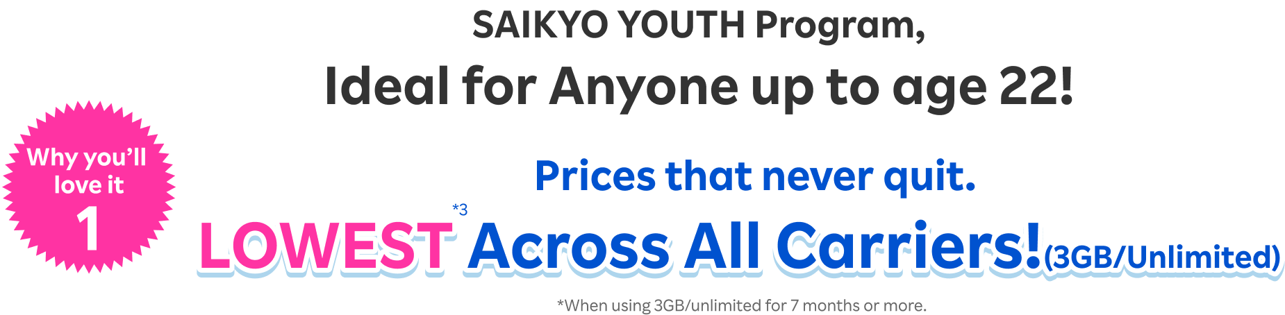 SAIKYO YOUTH Program, Ideal for Anyone up to Age 22! Prices that never quit. LOWEST Across All Carriers (3GB/Unlimited)!