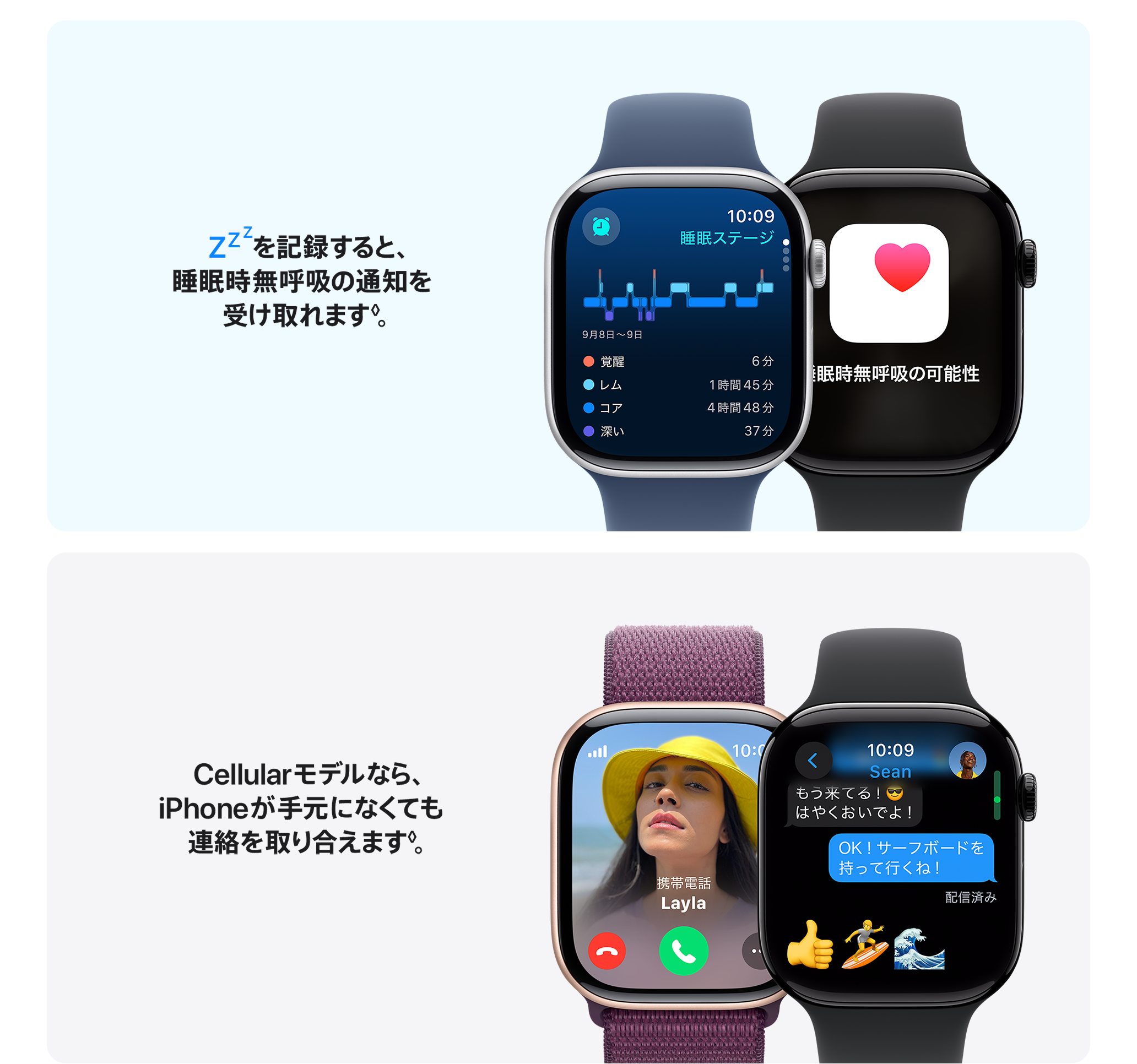 記録すると、睡眠時無呼吸の通知を受け取れます。 Cellularモデルなら、iPhoneが手元になくても連絡を取り合えます。