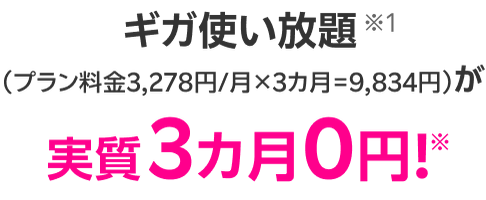 ギガ使い放題(プラン料金3,278円/月×3ヶ月=9,834円)が実質3ヶ月0円!