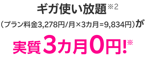 ギガ使い放題(プラン料金3,278円/月×3ヶ月=9,834円)が実質3ヶ月0円!