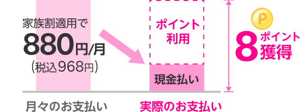 家族割適用で880円（税込968円）の場合、月々のお支払いにポイントを利用した場合でも8ポイントが貯まる