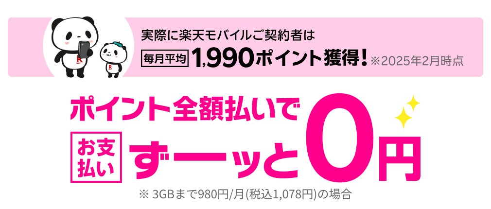 実際に楽天モバイルご契約者は毎月平均1,990ポイント獲得!※2025年2月時点 ポイント全額払いでお支払いずーっと0円 ※3GBまで880円/月（税込968円）家族割引適用時の場合